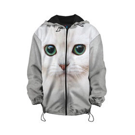 Детская куртка 3D с принтом Белый котик , 100% полиэстер | застежка — молния, подол и капюшон оформлены резинкой с фиксаторами, по бокам — два кармана без застежек, один потайной карман на груди, плотность верхнего слоя — 90 г/м2; плотность флисового подклада — 260 г/м2 | Тематика изображения на принте: белая кошка | киса | кот | котик | кошка