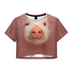 Женская футболка 3D укороченная с принтом Хрюшка , 100% полиэстер | круглая горловина, длина футболки до линии талии, рукава с отворотами | свинка | свинья | хрюшка