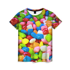 Женская футболка 3D с принтом Конфетки , 100% полиэфир ( синтетическое хлопкоподобное полотно) | прямой крой, круглый вырез горловины, длина до линии бедер | вкусности | конфеты | мармелад | сладости