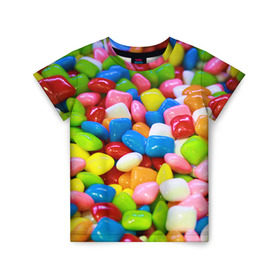 Детская футболка 3D с принтом Конфетки , 100% гипоаллергенный полиэфир | прямой крой, круглый вырез горловины, длина до линии бедер, чуть спущенное плечо, ткань немного тянется | Тематика изображения на принте: вкусности | конфеты | мармелад | сладости