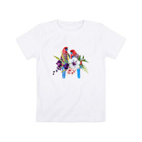Детская футболка хлопок с принтом Попугаи , 100% хлопок | круглый вырез горловины, полуприлегающий силуэт, длина до линии бедер | Тематика изображения на принте: myparrots | акварель | попугаи | птиц | розелла | цветы