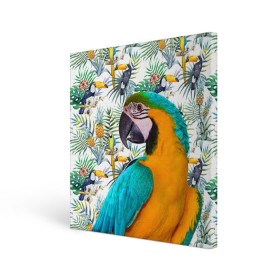 Холст квадратный с принтом Попугаи , 100% ПВХ |  | myparrots | parrot | ара | листья | орнамент | попугаи | птицы | рай | синежелтый | тукан | узор | цветы