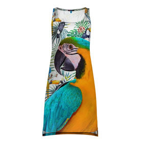 Платье-майка 3D с принтом Попугаи , 100% полиэстер | полуприлегающий силуэт, широкие бретели, круглый вырез горловины, удлиненный подол сзади. | myparrots | parrot | ара | листья | орнамент | попугаи | птицы | рай | синежелтый | тукан | узор | цветы