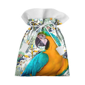Подарочный 3D мешок с принтом Попугаи , 100% полиэстер | Размер: 29*39 см | myparrots | parrot | ара | листья | орнамент | попугаи | птицы | рай | синежелтый | тукан | узор | цветы