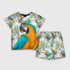 Детский костюм с шортами 3D с принтом Попугаи ,  |  | myparrots | parrot | ара | листья | орнамент | попугаи | птицы | рай | синежелтый | тукан | узор | цветы