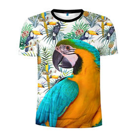 Мужская футболка 3D спортивная с принтом Попугаи , 100% полиэстер с улучшенными характеристиками | приталенный силуэт, круглая горловина, широкие плечи, сужается к линии бедра | myparrots | parrot | ара | листья | орнамент | попугаи | птицы | рай | синежелтый | тукан | узор | цветы