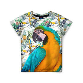 Детская футболка 3D с принтом Попугаи , 100% гипоаллергенный полиэфир | прямой крой, круглый вырез горловины, длина до линии бедер, чуть спущенное плечо, ткань немного тянется | Тематика изображения на принте: myparrots | parrot | ара | листья | орнамент | попугаи | птицы | рай | синежелтый | тукан | узор | цветы