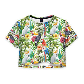 Женская футболка 3D укороченная с принтом Попугаи , 100% полиэстер | круглая горловина, длина футболки до линии талии, рукава с отворотами | myparrots | parrot | ара | листья | орнамент | попугаи | птицы | рай | тукан | узор | цветы