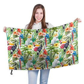 Флаг 3D с принтом Попугаи , 100% полиэстер | плотность ткани — 95 г/м2, размер — 67 х 109 см. Принт наносится с одной стороны | myparrots | parrot | ара | листья | орнамент | попугаи | птицы | рай | тукан | узор | цветы