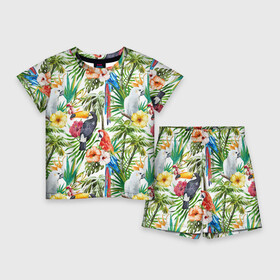 Детский костюм с шортами 3D с принтом Попугаи ,  |  | myparrots | parrot | ара | листья | орнамент | попугаи | птицы | рай | тукан | узор | цветы