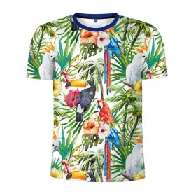 Мужская футболка 3D спортивная с принтом Попугаи , 100% полиэстер с улучшенными характеристиками | приталенный силуэт, круглая горловина, широкие плечи, сужается к линии бедра | myparrots | parrot | ара | листья | орнамент | попугаи | птицы | рай | тукан | узор | цветы