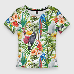 Женская футболка 3D Slim с принтом Попугаи ,  |  | myparrots | parrot | ара | листья | орнамент | попугаи | птицы | рай | тукан | узор | цветы