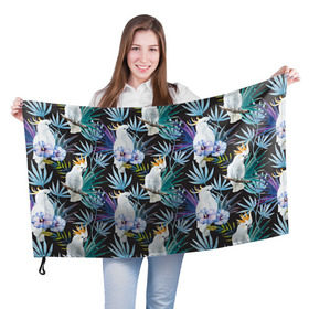 Флаг 3D с принтом Попугаи , 100% полиэстер | плотность ткани — 95 г/м2, размер — 67 х 109 см. Принт наносится с одной стороны | myparrots | parrotузор | листья | орнамент | попугаи | птицы | рай | цветы
