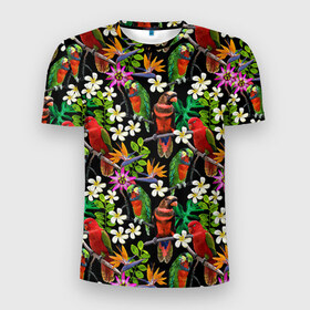 Мужская футболка 3D спортивная с принтом Попугаи , 100% полиэстер с улучшенными характеристиками | приталенный силуэт, круглая горловина, широкие плечи, сужается к линии бедра | myparrots | parrotузор | листья | орнамент | попугаи | птицы | рай | цветы