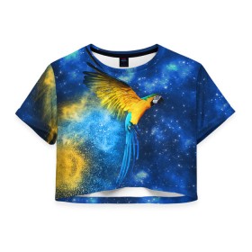 Женская футболка 3D укороченная с принтом Попугаи , 100% полиэстер | круглая горловина, длина футболки до линии талии, рукава с отворотами | macaw | myparrots | parrot | ара | космос | попугаи | птицы