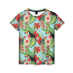 Женская футболка 3D с принтом Попугаи , 100% полиэфир ( синтетическое хлопкоподобное полотно) | прямой крой, круглый вырез горловины, длина до линии бедер | Тематика изображения на принте: myparrots | parrotузор | листья | орнамент | попугаи | птицы | рай | розелла | тукан | цветы