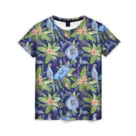 Женская футболка 3D с принтом Попугаи , 100% полиэфир ( синтетическое хлопкоподобное полотно) | прямой крой, круглый вырез горловины, длина до линии бедер | myparrots | parrot | кольчатый | листья | ожереловый | орнамент | попугаи | птицы | рай | узор | цветы