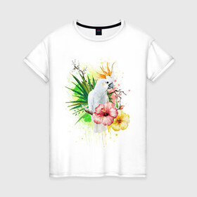Женская футболка хлопок с принтом Какаду , 100% хлопок | прямой крой, круглый вырез горловины, длина до линии бедер, слегка спущенное плечо | myparrots | parrot | листья | орнамент | попугаи | птицы | рай | узор | цветы