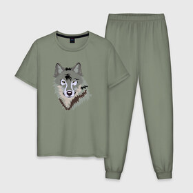 Мужская пижама хлопок с принтом Волк , 100% хлопок | брюки и футболка прямого кроя, без карманов, на брюках мягкая резинка на поясе и по низу штанин
 | волк | волкволчёнок | рисованный волк | серый волк