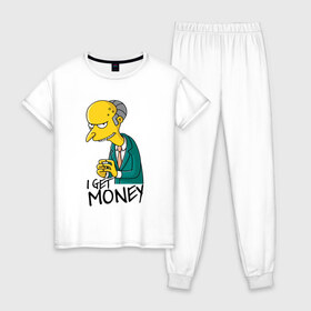 Женская пижама хлопок с принтом Mr Burns get money , 100% хлопок | брюки и футболка прямого кроя, без карманов, на брюках мягкая резинка на поясе и по низу штанин | get | i | money | simpsons