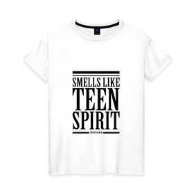 Женская футболка хлопок с принтом Smells like teen spirit , 100% хлопок | прямой крой, круглый вырез горловины, длина до линии бедер, слегка спущенное плечо | smells like teen spirit