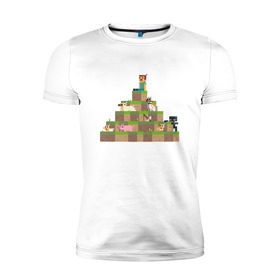 Мужская футболка премиум с принтом Вершина холма в Minecraft , 92% хлопок, 8% лайкра | приталенный силуэт, круглый вырез ворота, длина до линии бедра, короткий рукав | minecraft | майнкрафт | холм на котором сидят различные мобы из игры minecraftкубы