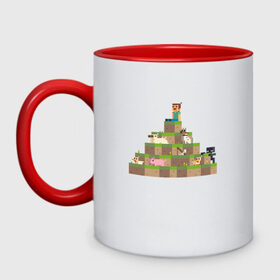 Кружка двухцветная с принтом Вершина холма в Minecraft , керамика | объем — 330 мл, диаметр — 80 мм. Цветная ручка и кайма сверху, в некоторых цветах — вся внутренняя часть | minecraft | майнкрафт | холм на котором сидят различные мобы из игры minecraftкубы
