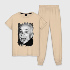 Женская пижама хлопок с принтом Энштейн показывает язык , 100% хлопок | брюки и футболка прямого кроя, без карманов, на брюках мягкая резинка на поясе и по низу штанин | albert einstein | альберт энштейн | учёный | физика