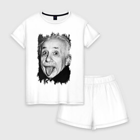 Женская пижама с шортиками хлопок с принтом Энштейн показывает язык , 100% хлопок | футболка прямого кроя, шорты свободные с широкой мягкой резинкой | albert einstein | альберт энштейн | учёный | физика