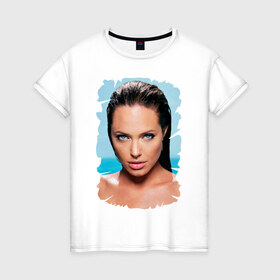 Женская футболка хлопок с принтом Анджелина Джоли , 100% хлопок | прямой крой, круглый вырез горловины, длина до линии бедер, слегка спущенное плечо | Тематика изображения на принте: 