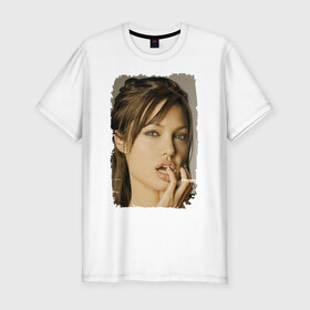 Мужская футболка премиум с принтом Анджелина Джоли , 92% хлопок, 8% лайкра | приталенный силуэт, круглый вырез ворота, длина до линии бедра, короткий рукав | Тематика изображения на принте: angelina jolie | анджелина джоли | кинозвезда
