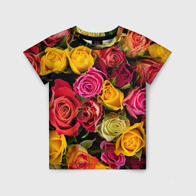 Детская футболка 3D с принтом Цветы , 100% гипоаллергенный полиэфир | прямой крой, круглый вырез горловины, длина до линии бедер, чуть спущенное плечо, ткань немного тянется | flower | девушкам | розы | цветочки | цветы