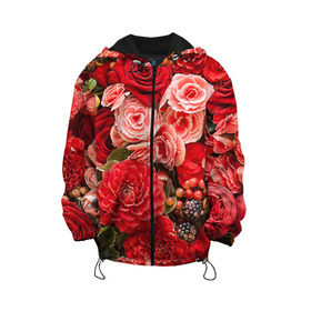 Детская куртка 3D с принтом Цветы , 100% полиэстер | застежка — молния, подол и капюшон оформлены резинкой с фиксаторами, по бокам — два кармана без застежек, один потайной карман на груди, плотность верхнего слоя — 90 г/м2; плотность флисового подклада — 260 г/м2 | flower | девушкам | розы | цветочки | цветы