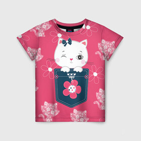 Детская футболка 3D с принтом Котик , 100% гипоаллергенный полиэфир | прямой крой, круглый вырез горловины, длина до линии бедер, чуть спущенное плечо, ткань немного тянется | девушкам | карман | киса | котик | кошка | цветы