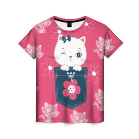 Женская футболка 3D с принтом Котик , 100% полиэфир ( синтетическое хлопкоподобное полотно) | прямой крой, круглый вырез горловины, длина до линии бедер | Тематика изображения на принте: девушкам | карман | киса | котик | кошка | цветы
