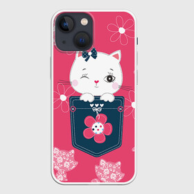 Чехол для iPhone 13 mini с принтом Котик ,  |  | Тематика изображения на принте: девушкам | карман | киса | котик | кошка | цветы