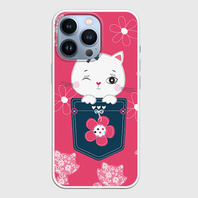 Чехол для iPhone 13 Pro с принтом Котик ,  |  | Тематика изображения на принте: девушкам | карман | киса | котик | кошка | цветы