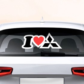 Наклейка на авто - для заднего стекла с принтом I love Mitsubishi , ПВХ | Точные размеры наклейки зависят от выбранного изображения (ширина не больше 75 мм, высота не больше 45 мм) | автобренд | лого | машина | митсубиси | я люблю