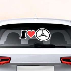 Наклейка на авто - для заднего стекла с принтом I love Mercedes , ПВХ | Точные размеры наклейки зависят от выбранного изображения (ширина не больше 75 мм, высота не больше 45 мм) | Тематика изображения на принте: автобренд | лого | машина | мерседес | я люблю