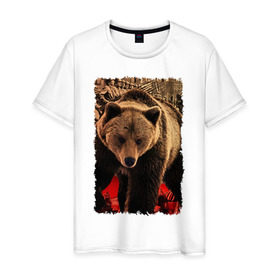 Мужская футболка хлопок с принтом Могучий русский медведь , 100% хлопок | прямой крой, круглый вырез горловины, длина до линии бедер, слегка спущенное плечо. | Тематика изображения на принте: медведь | отвага | родина | россия | сила | я русский