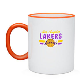 Кружка двухцветная с принтом Los Angeles Lakers , керамика | объем — 330 мл, диаметр — 80 мм. Цветная ручка и кайма сверху, в некоторых цветах — вся внутренняя часть | basketball | lakers | баскетболл | лос анджелес | нба
