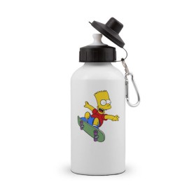Бутылка спортивная с принтом Барт на скейте , металл | емкость — 500 мл, в комплекте две пластиковые крышки и карабин для крепления | барт на скейте bart simpson симпсон скейтборд