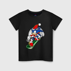 Детская футболка хлопок с принтом Sonic Christmas , 100% хлопок | круглый вырез горловины, полуприлегающий силуэт, длина до линии бедер | sega | sonic | sonic christmasсоник | еж | рождество | сноуборд