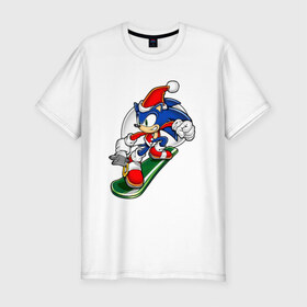Мужская футболка премиум с принтом Sonic Christmas , 92% хлопок, 8% лайкра | приталенный силуэт, круглый вырез ворота, длина до линии бедра, короткий рукав | sega | sonic | sonic christmasсоник | еж | рождество | сноуборд