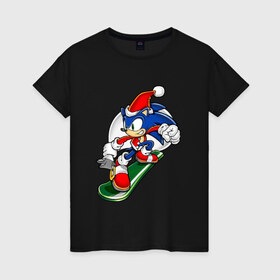 Женская футболка хлопок с принтом Sonic Christmas , 100% хлопок | прямой крой, круглый вырез горловины, длина до линии бедер, слегка спущенное плечо | sega | sonic | sonic christmasсоник | еж | рождество | сноуборд