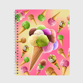 Тетрадь с принтом Мороженое , 100% бумага | 48 листов, плотность листов — 60 г/м2, плотность картонной обложки — 250 г/м2. Листы скреплены сбоку удобной пружинной спиралью. Уголки страниц и обложки скругленные. Цвет линий — светло-серый
 | cream | ice | icecream | вкусная | еда | мороженое | рожок