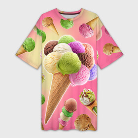 Платье-футболка 3D с принтом Мороженое ,  |  | cream | ice | icecream | вкусная | еда | мороженое | рожок