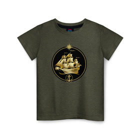 Детская футболка хлопок с принтом Золотой парусник , 100% хлопок | круглый вырез горловины, полуприлегающий силуэт, длина до линии бедер | золото | золотой парусникморяк | корабль | море | парусник | якорь
