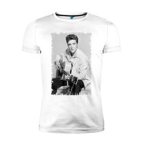 Мужская футболка премиум с принтом Элвис Пресли с гитарой , 92% хлопок, 8% лайкра | приталенный силуэт, круглый вырез ворота, длина до линии бедра, короткий рукав | elvis presley | певец | рок н ролл | элвис пресли