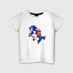 Детская футболка хлопок с принтом Sonic and Mario , 100% хлопок | круглый вырез горловины, полуприлегающий силуэт, длина до линии бедер | nintendo | марио | нинтендо